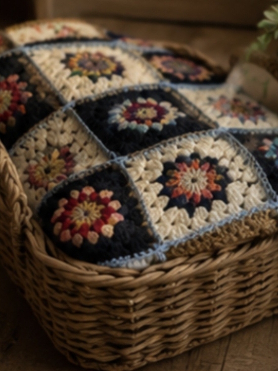 Other - Handmade Crochet Granny Square Throw - Navy, Cream & Multicolor